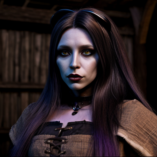 Anthropomorphic humanoid female black werewolf with long pretty hair and purple eyes, wearing brown medieval clothes 