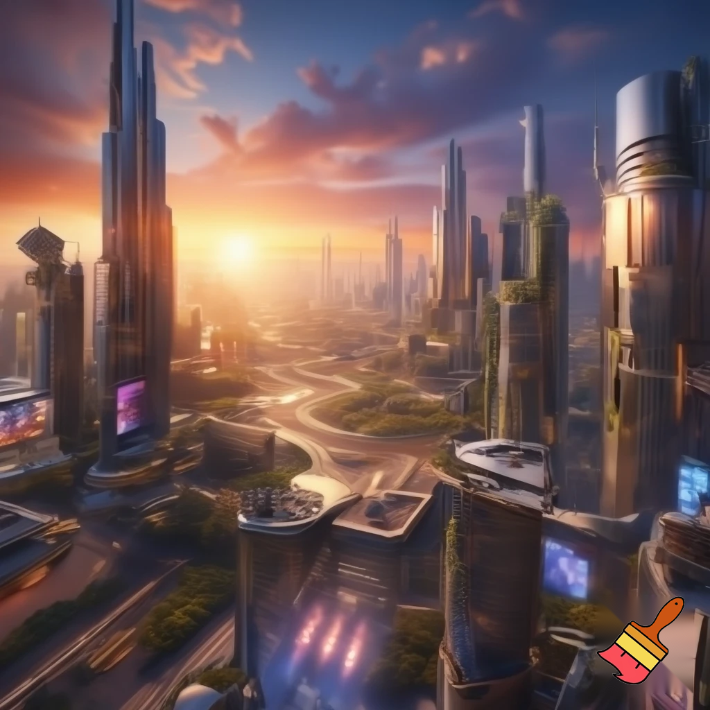 a futuristic cityscape at sunset, photorealistic