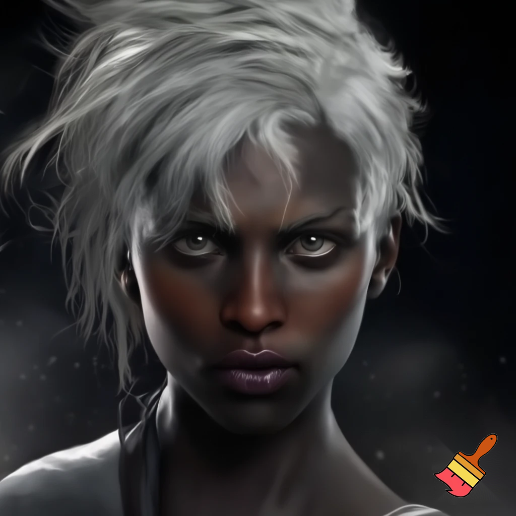 portrait of female character with thick, white, unevenly cut thick hair, realistic, smooth face, charcoal black skin, caucasian features, unkempt hairstyle, lending the person an edgy and adventurous appearance, dark adventure atmosphere, transparent background