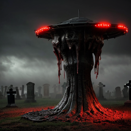 A photorealistic, hyper-detailed dark fantasy horror scene. A colossal, floating bio-mechanical ufo hovers menacingly over a foggy, desolate graveyard. The creature is a grotesque fusion of rotting, dripping flesh, exposed muscle, and dark metallic machinery, featuring a massive gaping maw with jagged teeth and numerous intensely glowing red optical sensors dotting its body. Viscous gore drips from its underbelly. In the foreground, heavily mutilated humanoid corpses covered in wet blood and raw flesh are rising from muddy, open graves among weathered stone crosses. The atmosphere is grim, cinematic, and terrifying, with thick atmospheric fog, a dark overcast sky, and stark contrast between the desaturated greys of the cemetery and the vivid, glowing crimson reds. Shot on 35mm lens, 8k resolution, highly realistic texturing.