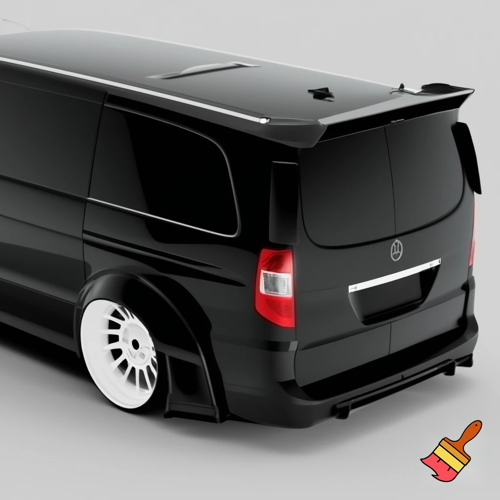 mercedes vito  w638, 19-inch rims braid - 28-inch white Selcus Wheels rims, has extra-large kit car spoiler, wide fenders, sunroof, no music, glazed.
