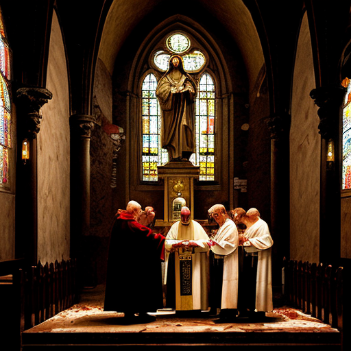 a vast, cathedral-like Vatican slaughterhouse where the sacred and the profane collide under vaulted ceilings adorned with frescoes of angels holding cleavers. Dozens of naked, headless corpses hang from meathooks in neat rows like perverse rosary beads, their skin marked with ritualistic carvings and wax-drip sealant from extinguished candles. Robed priests with blood-smeared faces oversee the operation, chanting Latin blessings while workers in biohazard suits methodically dismember carcasses on stainless steel altars, their visors fogged with condensation. The floor glistens with a slick of crimson and holy water, drains clogged with chunks of fat and discarded sacramental wafers. Along the far wall, conveyor belts transport shrink-wrapped cuts of human meat stamped with papal seals toward an industrial freezer humming beside a reliquary filled with finger bones and teeth. A single stained-glass window casts prismatic light across the scene, depicting St. Peter handing Christ a butcher’s apron