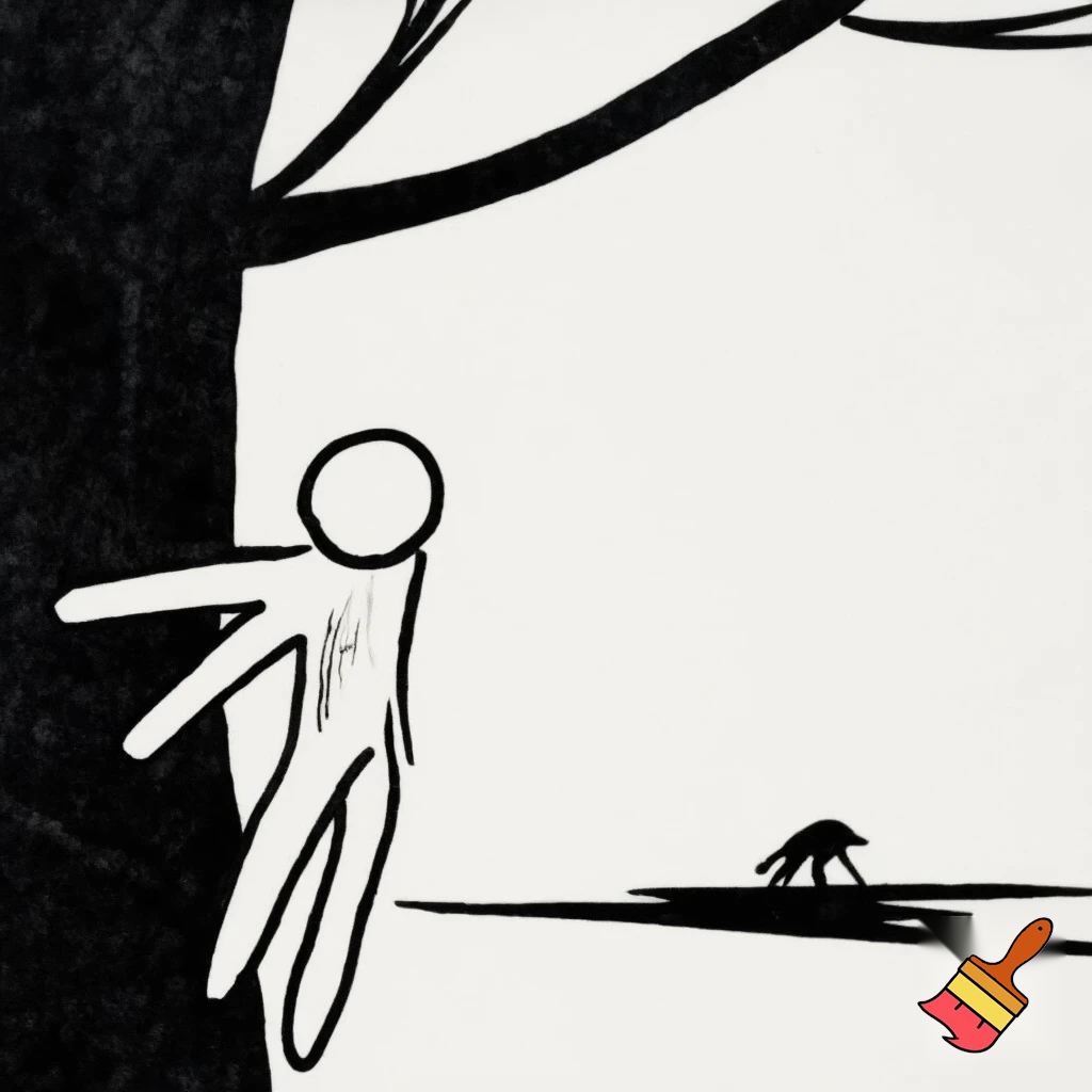 Ancient human survival

Stick figure hiding behind tree, predator in distance, black and white, minimalist, xkcd-style, survival concept illustration