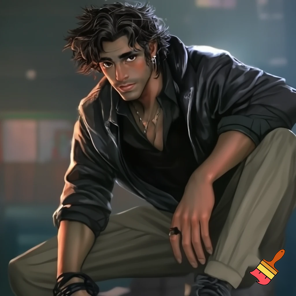 Generate an image of a tall, scrawny man with radiant, polished wood-toned skin. He has curly black coffee hair, styled slightly messy, and sharp, masculine features. His expression is gentle and thoughtful, hinting at inner turmoil.

He wears a black leather windbreaker over a slightly unbuttoned black cotton dress shirt, tailored pleated chinos, and lace-up combat boots. Accessories include silver stud earrings, a silver ring with a red dragon's eye, a black ring with rose gold star shapes, an onyx and lava rock beaded necklace, and a studded bracelet. His shirt sleeves are rolled up, displaying vascular forearms. Set him against an urban backdrop.