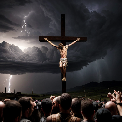 A dramatic biblical scene of Jesus Christ hanging on the cross on a hill called Golgotha, wearing a crown of thorns, blood on his body, suffering expression on his face. An angry crowd around him throwing stones, some people shouting, Roman soldiers standing with spears and armor watching. Dark stormy sky, lightning in the background, emotional atmosphere, cinematic lighting, ultra realistic, highly detailed, 8k, historical biblical painting style.