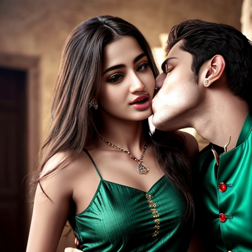 A girl wear green salwar kamiz with adult boy without shirt kissing 