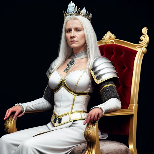 Tall, white-haired Queen of Poland in armor sitting on a throne
