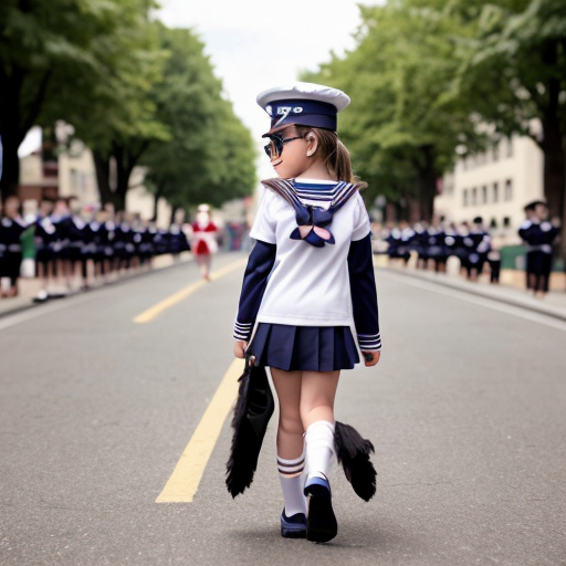 Cute adorable niña Chilindrina glasses con hair lazo con verano sailor uniforme escolar con zapatos negros escolar con calcetines blancos con sombrero sailor con grupal con caminar con desfile Estados Unidos América bandera con ciudad 13