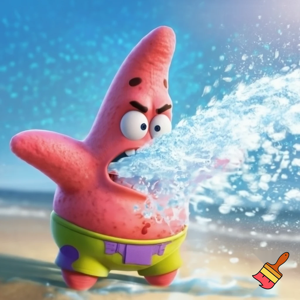 realistic patrick star spraying water from between his legs onto the archers from clash royal