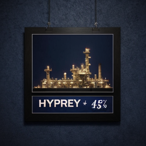 dark blue background with refinery on the right side blending into the dark blue background. The refinery should occupy only 25% of the total area.