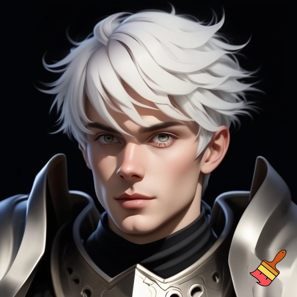  man with angelic short white hair and blueish gold eyes. he is also a knight
