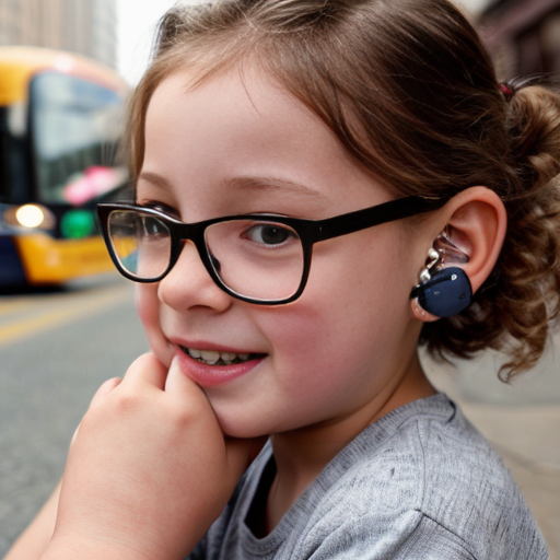 Cute adorable niña Chilindrina y con Elizabeth Perkins glasses con hair lazo curly con verano casual formal elegante sensual sexy con aparatos auditivos audífonos sordera con close up whispering touching ear each other secrets con paséo con ciudad 17