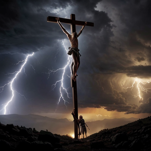 A dramatic biblical scene of Jesus Christ hanging on the cross on a hill called Golgotha, wearing a crown of thorns, blood on his body, suffering expression on his face. An angry crowd around him throwing stones, some people shouting, Roman soldiers standing with spears and armor watching. Dark stormy sky, lightning in the background, emotional atmosphere, cinematic lighting, ultra realistic, highly detailed, 8k, historical biblical painting style.