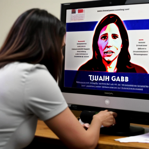 Create an image of tulsi Gabbard reading a "Guide to Russian Propaganda" book. In the background the FBI are raiding voting machines. Also some horrified looking Puerto Ricans watching them.