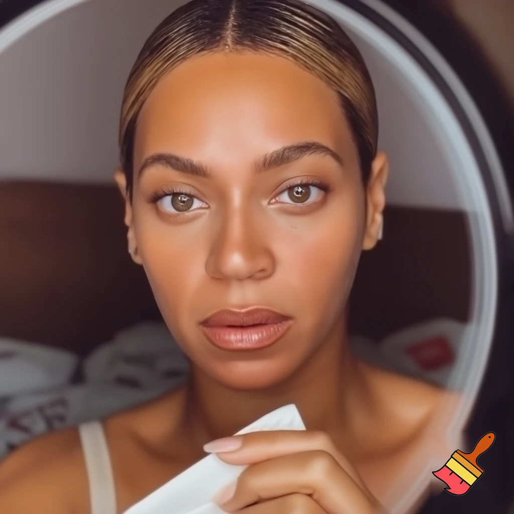 Beyonce with honey blonde slick hair holding a period pad full of blood selfie in her room