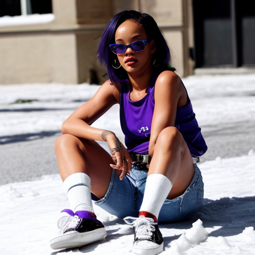 Rihanna orange tanktop belt blue short jeans purple socks orange and white sneakers on a sitting Snow 