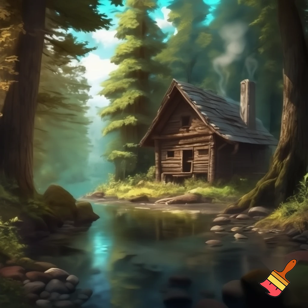 Small wooden cabin in a forest near a river