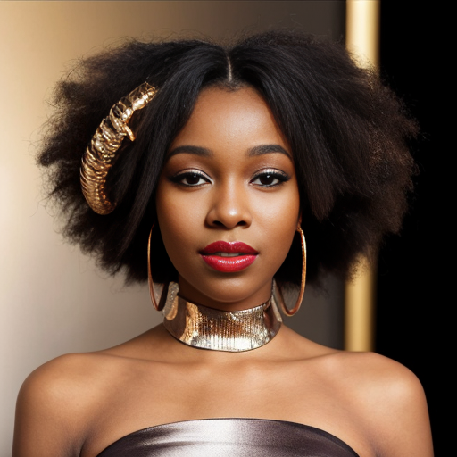 Generate an art-portrait of a young African American woman, resembling Whitney Houston, with a spiral afro hairstyle. She wears a copper-orange satin off-the-shoulder top, red lipstick, and sapphire earrings. The image has a background with gold fragments that look like gold leaf.