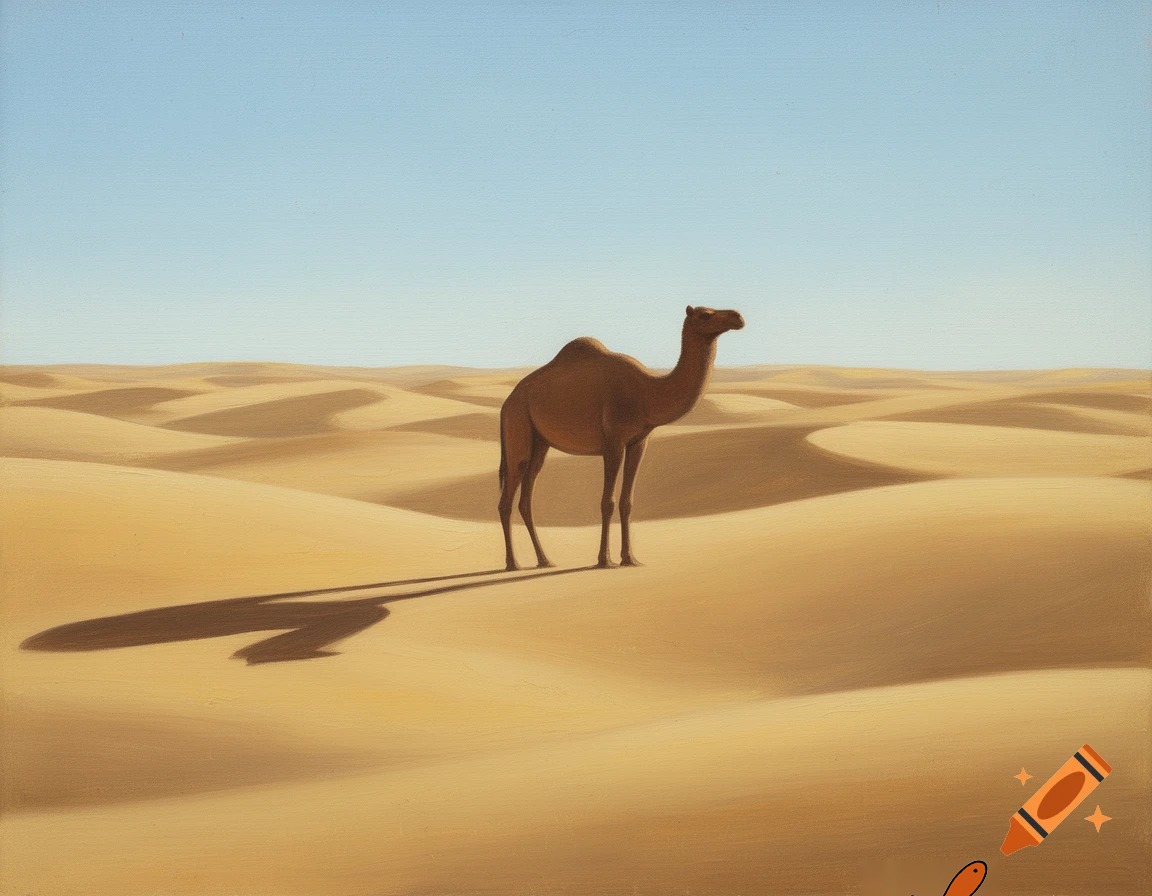 Minimalist, retro oil, painting, simple colors, a painting of a camel in the desert that is sort of a surrealism impression of a camel as its body blends into the hills of the desert, lots of shadows, light blue sky background
