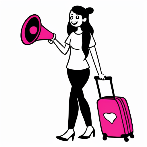 caricatura mujer con maleta, megafono y un corazon floreciendo