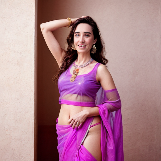Jennifer Connelly ,24-30 years old, Indian hair style,trying to love, inhaled chest,big open eyes, A plus curvy shaped body structure, showing bangles on hand, bindi,high-quality photo portrait, shot on a Kodak camera, photography, environmental,double eyelid --ar 34:65 --style raw, indian ascent, flying kiss, feeling happy, beautiful legs, wearing violet transparent sari with pink silk crop tank, includes full body structure.