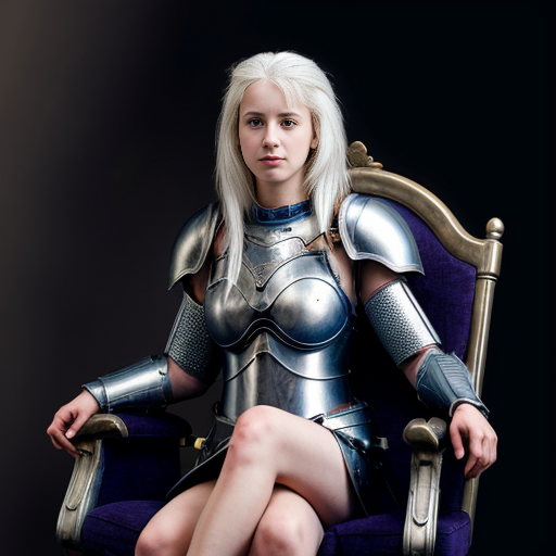 young tall white-haired woman in armor sits on a throne