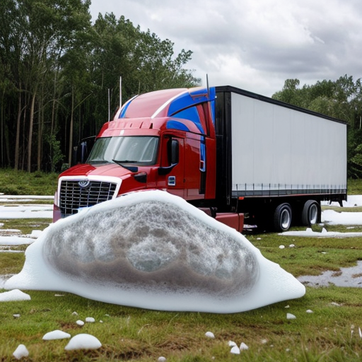Semi-truck being crushed by giant hailstone