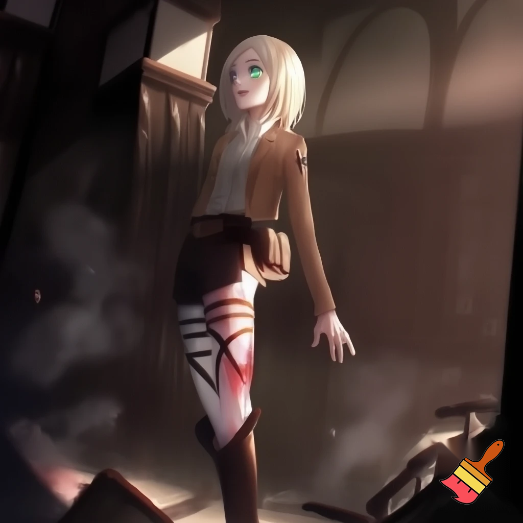 Morana Ambrose, little merchant (herbalist : sell average plants and tea) in Aot world, short woman (under 160cm), weightless, Wall Rose, childhood friend with Hange Zoë (same age as Hange Zoë and Levi Ackerman), her shop gets attacked and burned down by bandits, severely injured at the leg, she seeks Hange's help and stays in the Survey Corps HQ,One blue and one green eye platinum blond hair fair skin steampunk clothes in Aot style