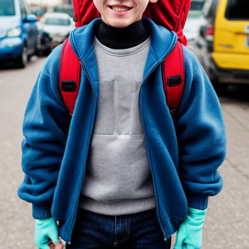 16 years old boy with blond hair, blue eys but a very small figure, he is not taller than a 4 years old boy. He is wearing a grey fleece jacket  with open zip and a blue tshirt, short jeans and a blue school backpack looking real. He is smiling and on the way home from school
