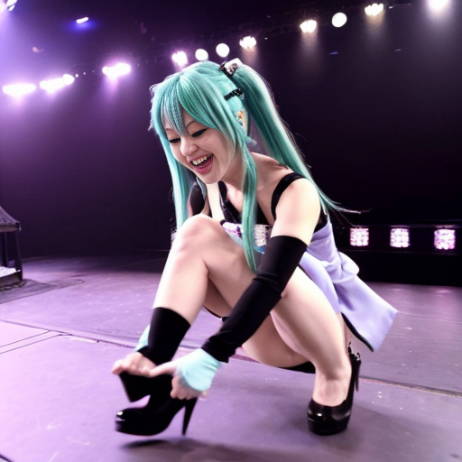 During the performance, Hatsune Miku's right heel got stuck, causing her right high heel to slip off. Due to the excessively high heel, she lost her balance and fell. When she tried to put the shoe back on, she found it was the wrong size; either too big and it would slip off easily, or too small and she couldn't get it on. She even tried hopping on one leg to put it back on, but still couldn't succeed. After several unsuccessful attempts, she had to be helped off the stage by staff.