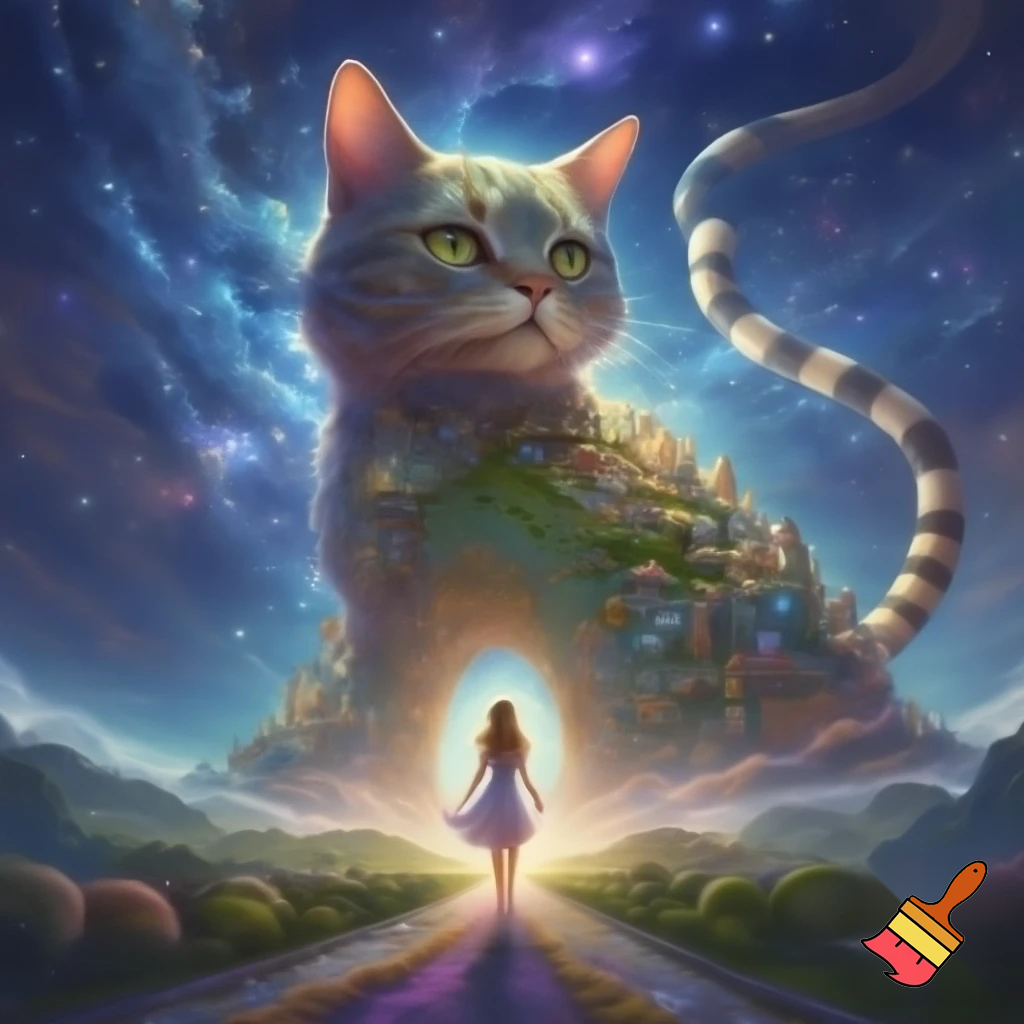 Можешь создать картинку - огромный кот на фоне сказочной природы , сквозь  его тело  проходит дорога во вселенную, его шкура состоит из домиков сказочных, хвост полосатый ввиде дороги, по этому хвосту идет юная девочка в полупрозрачном легком платьице , босиком.
