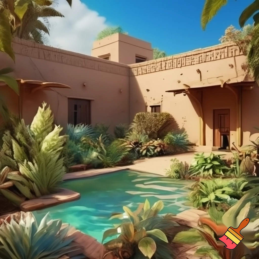 Create a house in the Indus valley, create lots of vegetation, and give it a garden and small pool.