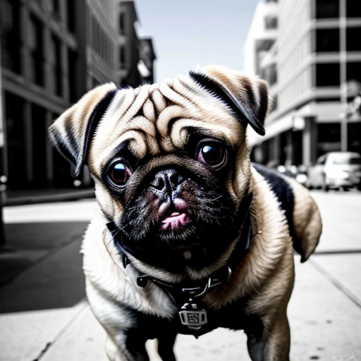 Make a picture with a black and white pug with one eye with a cowboy hat, standing up in the city with a cowboy hat