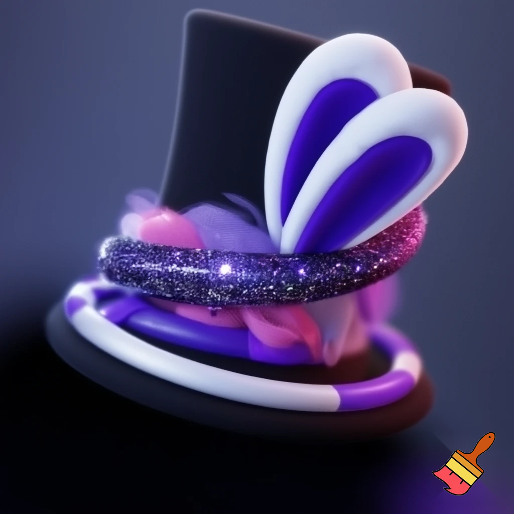 Black top hat with bunny ears velvet white and purple purple and white headband fabric and velvet glitter, purple and pink