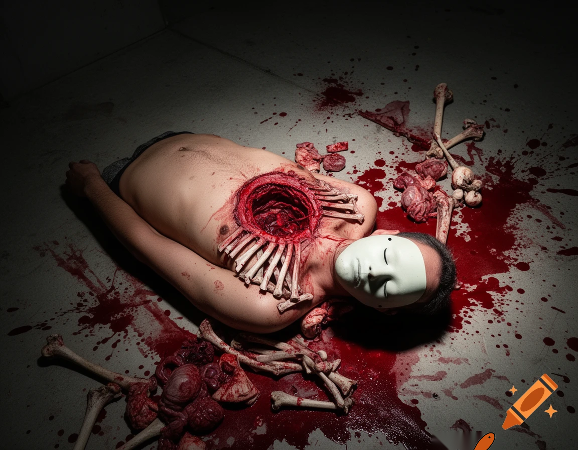 A corpse shirtless man, died, face are wearing mask, eye closed, chest fully opened wounded circle on center, blood everywhere. Gibs and ribs (from chest bone) everywhere and broke, organs piece by piece.