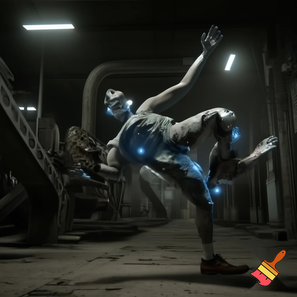 A robot is kicking out a human from a factory