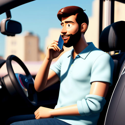 Pixar-style 3D cartoon, young Muslim man, 20 years old, beard, black jeans, white shirt, sitting in a car, holding phone to his ear, answering a call, relaxed pose, cartoon face with big expressive eyes, city visible through car windows in the background, bright friendly colors, cinematic lighting, simple cartoon style