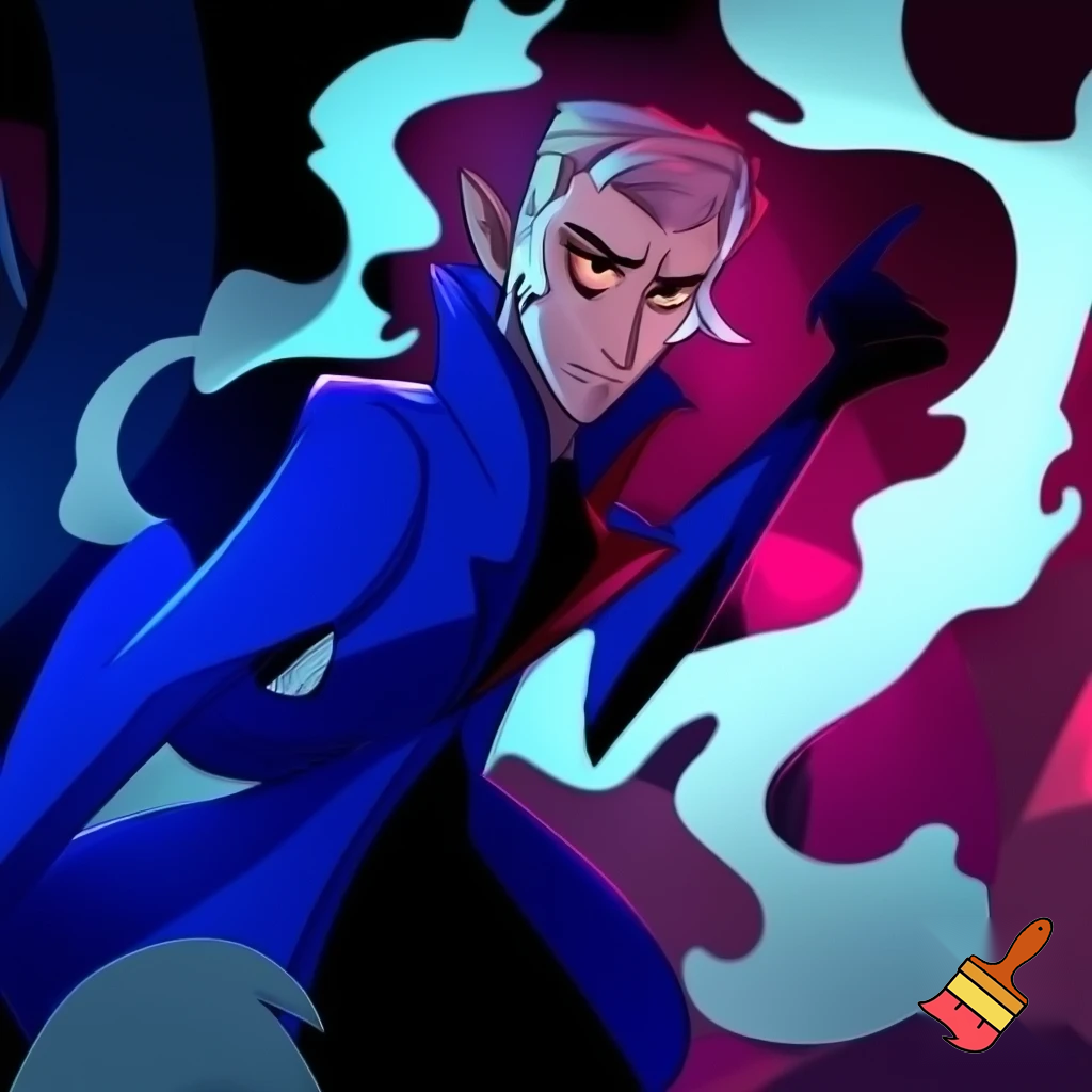 Percival de rolo from Vox Machina in the art style of hazbin hotel wearing his signature blue overcoat and smoke curling around him