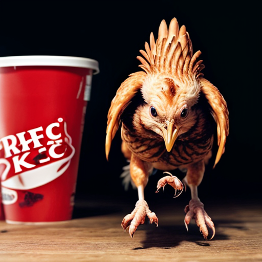generate a photo of a peice of chicken running away terrified from kfc
