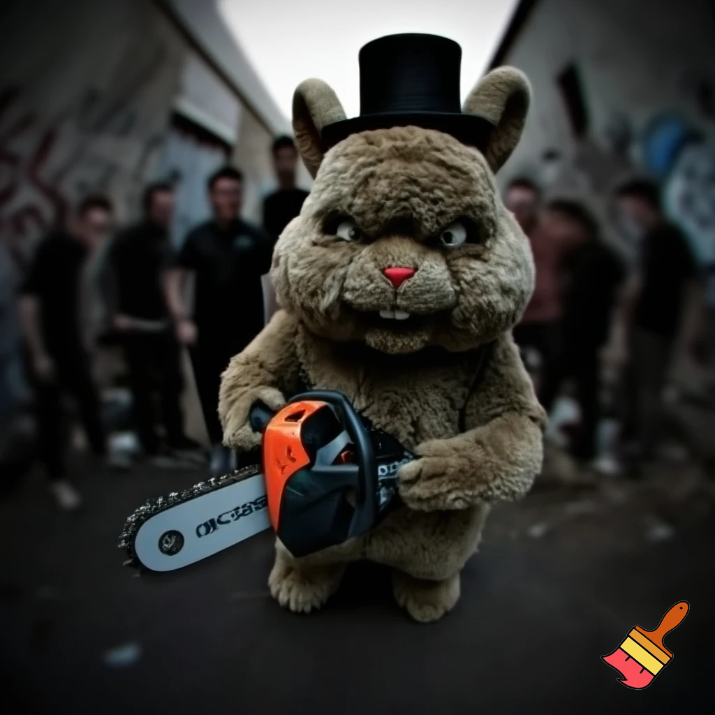 Easter bunny with a chainsaw with a top hat mascot costume go to naughty people angry Easter bunny