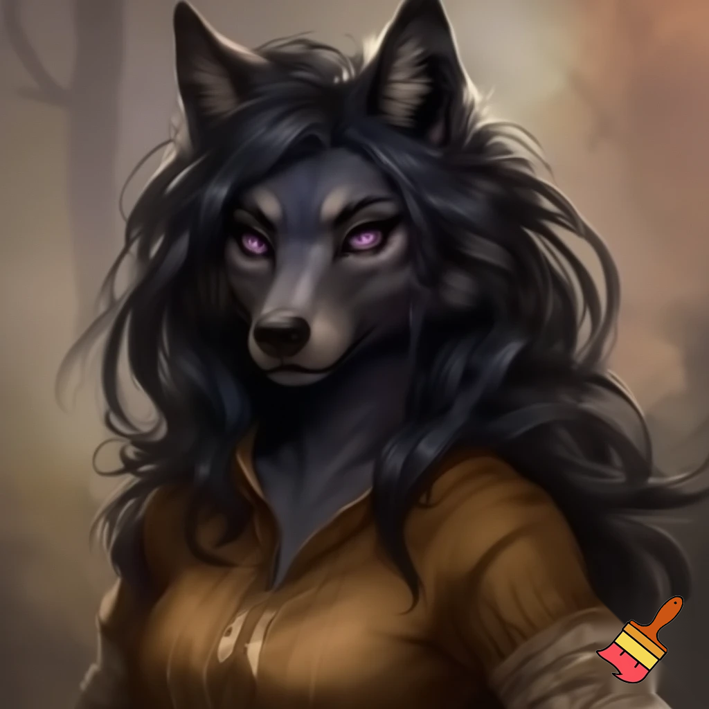Anthro female black wolf with long pretty black hair and purple eyes, wearing a brown medieval shirt