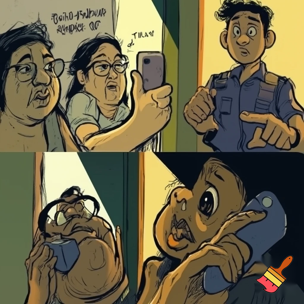 A friend of mine in Kuala Lumpur once had visitors who got lost on their way to her place. They asked the building guard for directions and said: “We’re looking for a foreign girl who lives here.” And the guard answered casually: “Oh, you mean the young Black girl?” The visitors immediately panicked — they thought he had just offended her, especially because she was listening on speakerphone the whole time. But when they apologized to her, she was completely confused. “For what? I’m not offended.” generate for me an image with 3 scenes showing visual support for my story : the first image shows the visitors lost asking to the guard "we're looking for a foreign girl living here." the second : the guard answering with that question and the last : showing the visitors with an exaggerate shocked and ambarrass face looking cat the phone.on the first image, add the phone on the hand of the guy make it sketch style. and 3 visitors