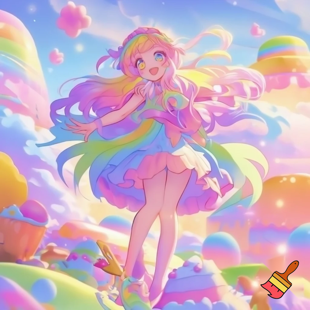 An anime girl with rainbow pastel hair and dress in a pastel kawaii land