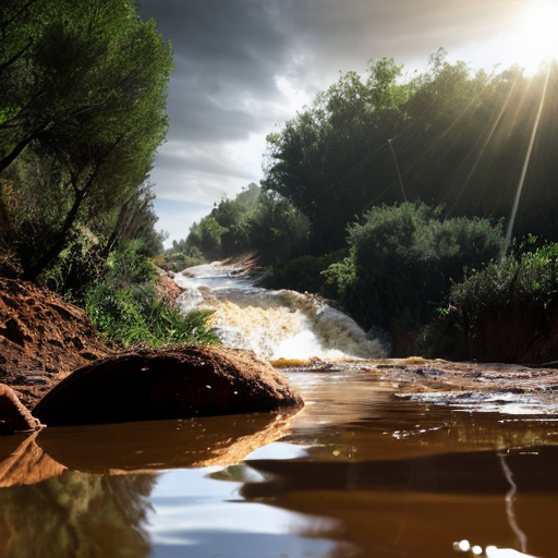 
"A dramatic cinematic shot of a powerful flash flood rushing through a Moroccan valley (Oued) with traditional red clay surroundings. In the foreground, a large, crystal-clear water drop is suspended in the air. Inside the drop, a reflection of a lush green forest is visible. The lighting is moody with golden hour sun rays. The style is hyper-realistic, 8k resolution, with a contrast between the muddy flood water and the pure blue drop."
