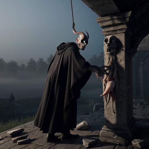 Photorealistic dark fantasy crypt. A gaunt, pale man in black robes stares at a fleshy, grotesque sack hanging from a rope. A winged, horned demon perches on a stone ledge behind him. Ruined stone floor with rubble, broken pots, and low-lying fog. Cinematic volumetric lighting, macabre gothic horror style, 8k resolution