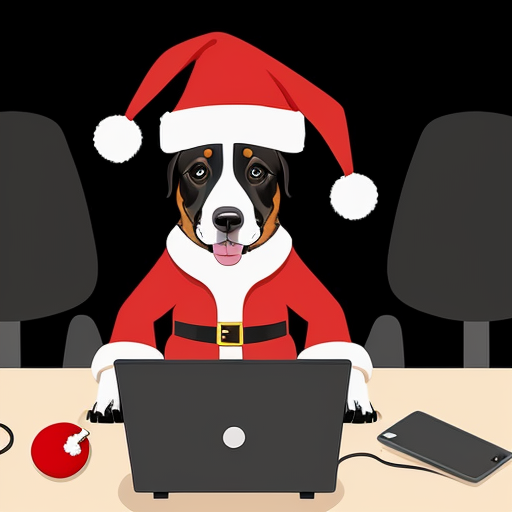 Create an image of an anthropomorphic dog sitting at a desk, working on a computer. The dog is smiling and wearing a red Santa hat. 9:16