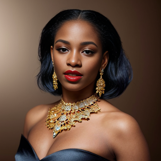 Generate an art-portrait of a young and beauty Black woman. She wears a blue satin off-the-shoulder top, red lipstick. With jewellery: big golden necklace and great earrings with sapphires. The image has a background with gold flakes and gold leaf. 