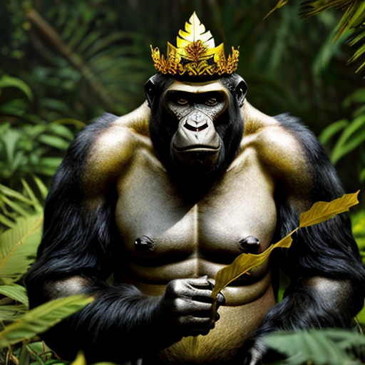 a big king gorilla with a golden leaf crown in the jungle with red eyes