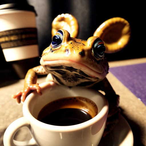 A hillarious, funny boho toad with some hippie colored coffee cups. Psychedelic decorated background, hyperrealistic. Close-up view.