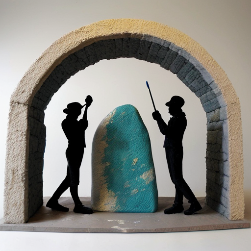 Paint the stones of an arch with multiple abstract figures in Tanguy  style